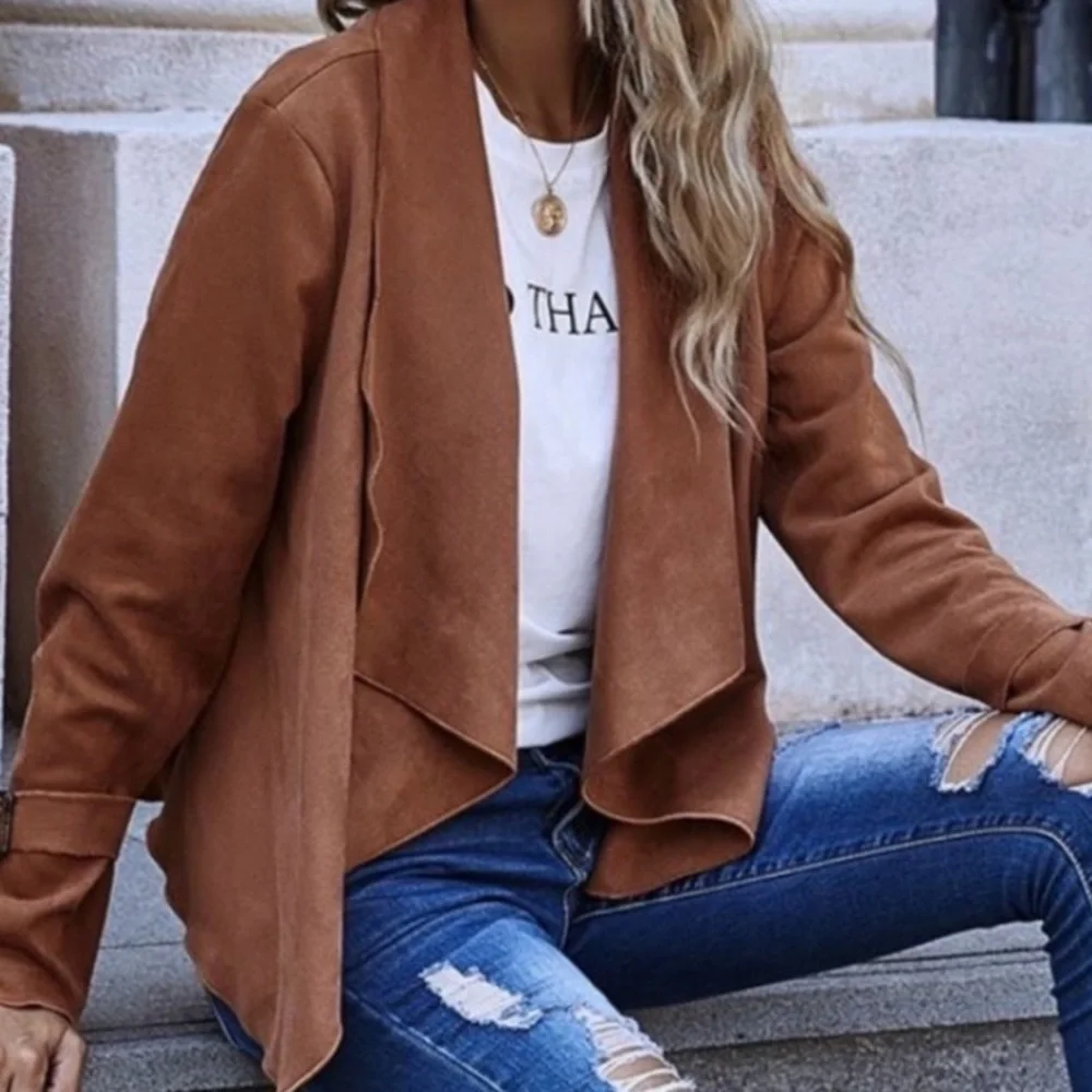ZARA WATERFALL JACKET FAUX SUEDE CAMEL COLOR